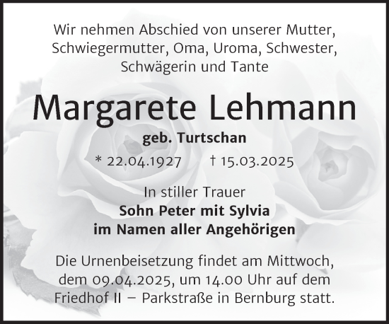 Traueranzeige von Margarete Lehmann von Trauerkombi Bernburg