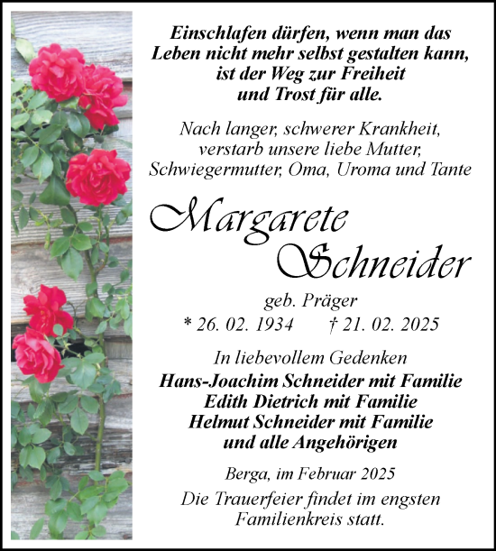 Traueranzeige von Margarete Schneider von Trauerkombi Sangerhausen