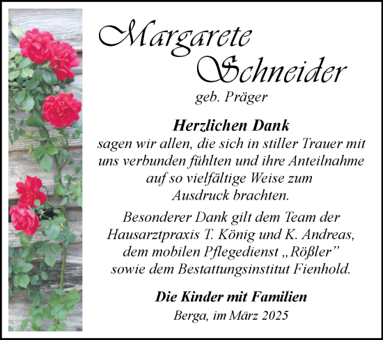 Traueranzeige von Margarete Schneider von Trauerkombi Sangerhausen