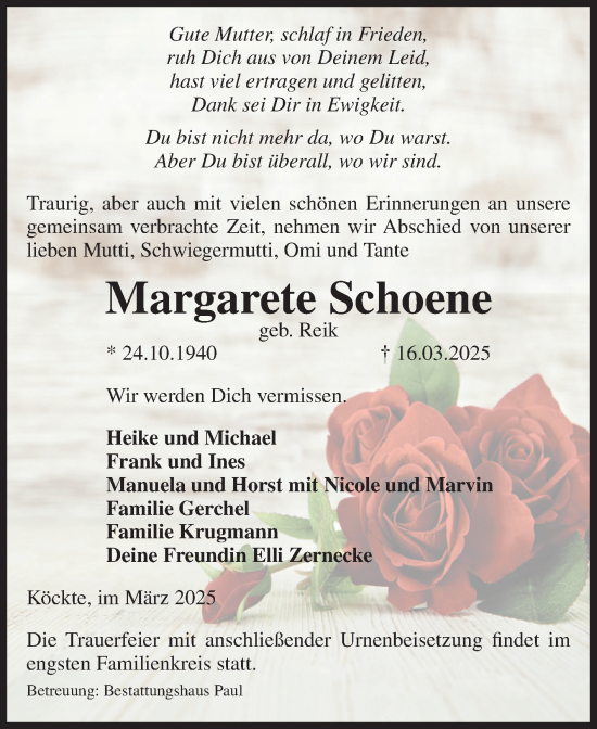 Traueranzeige von Margarete Schoene von Volksstimme Altmark West