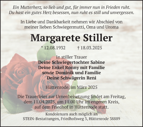 Traueranzeige von Margarete Stiller von Volksstimme Wernigerode