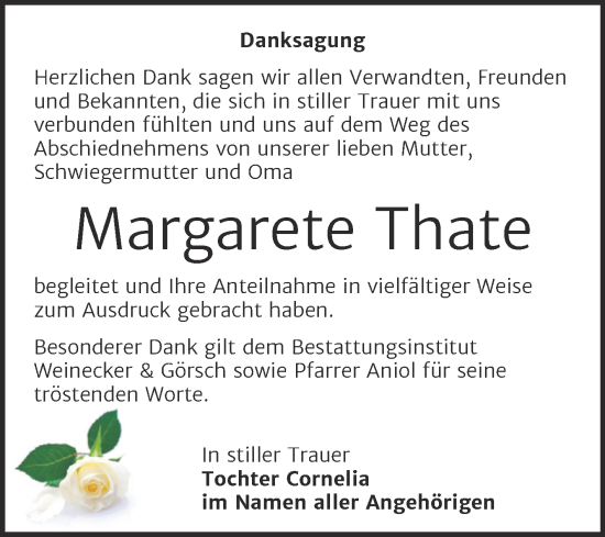 Traueranzeige von Margarete Thate von Trauerkombi Bernburg