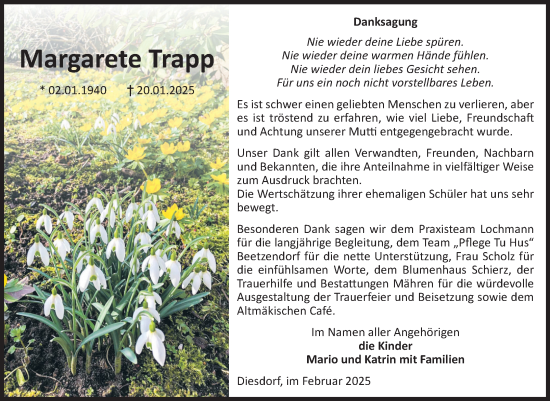 Traueranzeige von Margarete Trapp von Volksstimme Altmark West