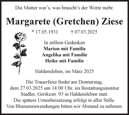 Traueranzeige von Margarete Ziese von Volksstimme Haldensleben/Wolmirstedt