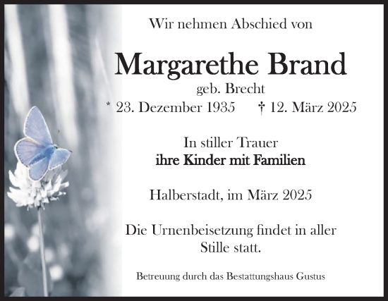 Traueranzeige von Margarethe Brand von Volksstimme Wernigerode