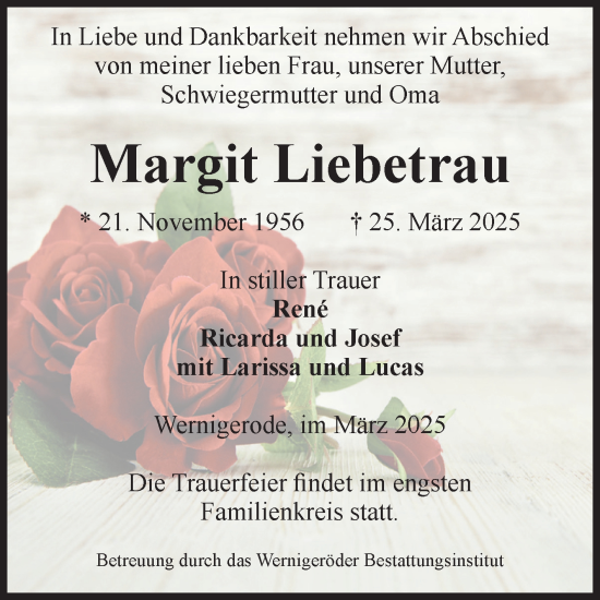 Traueranzeige von Margit Liebetrau von Volksstimme Wernigerode