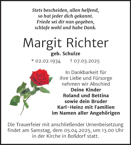 Traueranzeige von Margit Richter von Trauerkombi Wittenberg