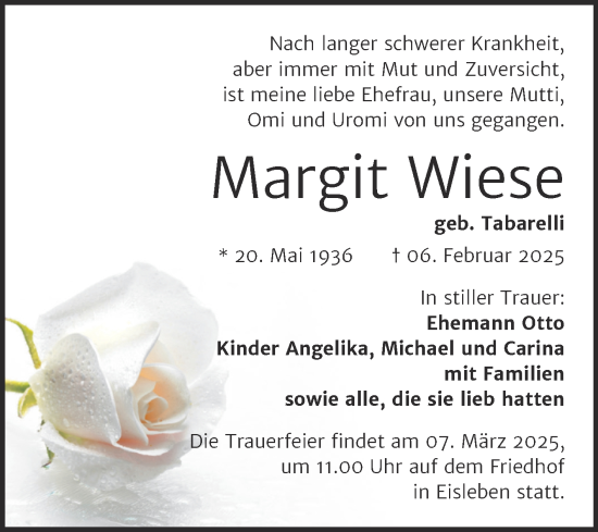 Traueranzeige von Margit Wiese von Trauerkombi Mansfelder Land