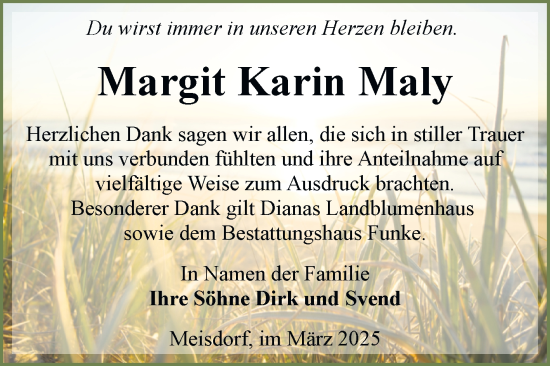 Traueranzeige von Margit Karin Maly von Trauerkombi Quedlinburg