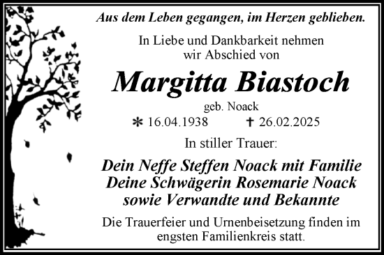 Traueranzeige von Margitta Biastoch von Trauerkombi Wittenberg