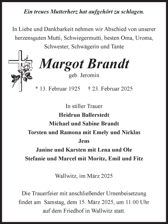 Traueranzeige von Margot Brandt von Volksstimme Burg/Genthin