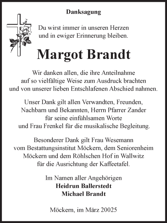 Traueranzeige von Margot Brandt von Volksstimme Burg/Genthin