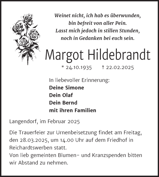 Traueranzeige von Margot Hildebrandt von Trauerkombi Weißenfels