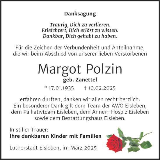 Traueranzeige von Margot Polzin von Trauerkombi Mansfelder Land