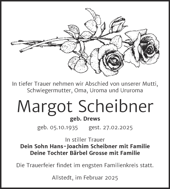 Traueranzeige von Margot Scheibner von Trauerkombi Sangerhausen