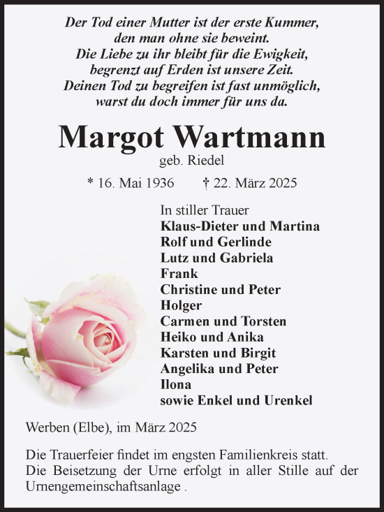 Traueranzeige von Margot Wartmann von Volksstimme Altmark Ost
