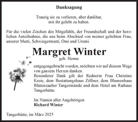 Traueranzeige von Margret Winter von Volksstimme Altmark Ost