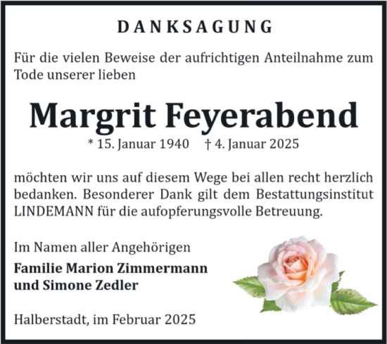 Traueranzeige von Margrit Feyerabend von Volksstimme Halberstadt