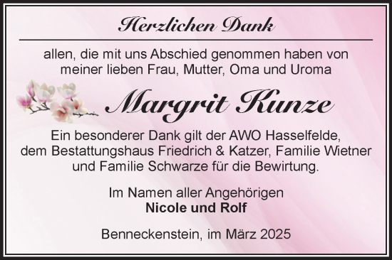 Traueranzeige von Margrit Kunze von Volksstimme Wernigerode