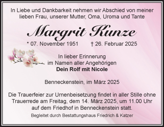 Traueranzeige von Margrit Kunze von Volksstimme Wernigerode