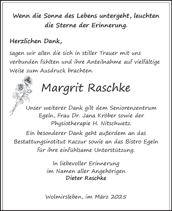 Traueranzeige von Margrit Raschke von Volksstimme Staßfurt