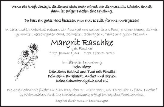 Traueranzeige von Margrit Raschke von Volksstimme Staßfurt