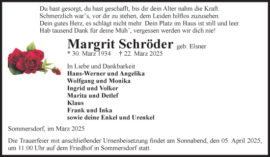 Traueranzeige von Margrit Schröder von Volksstimme Oschersleben/Wanzleben