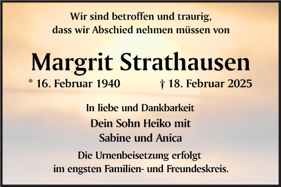 Traueranzeige von Margrit Strathausen von Trauerkombi Quedlinburg
