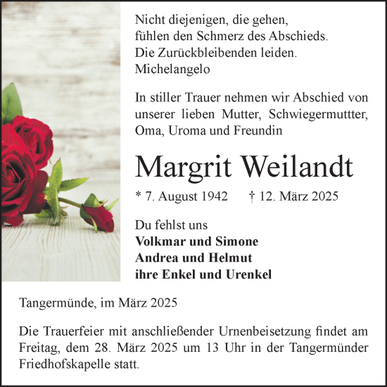 Traueranzeige von Margrit Weilandt von Volksstimme Altmark Ost