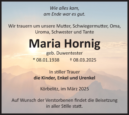 Traueranzeige von Maria Hornig von Volksstimme Burg/Genthin