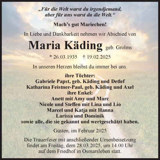 Traueranzeige von Maria Käding 