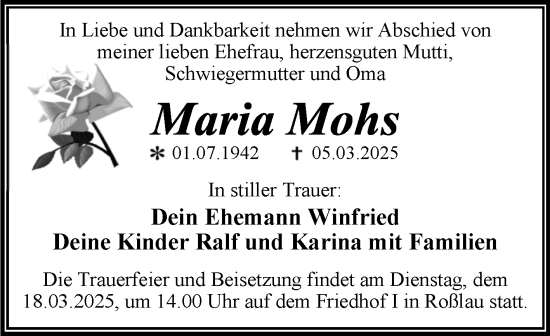 Traueranzeige von Maria Mohs von Trauerkombi Dessau