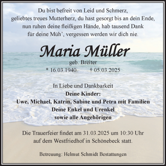 Traueranzeige von Maria Müller von Volksstimme Schönebeck