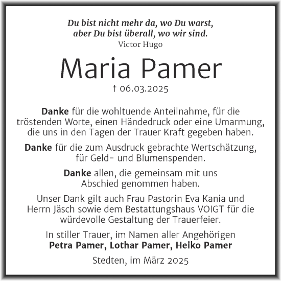Traueranzeige von Maria Pamer von Trauerkombi Mansfelder Land