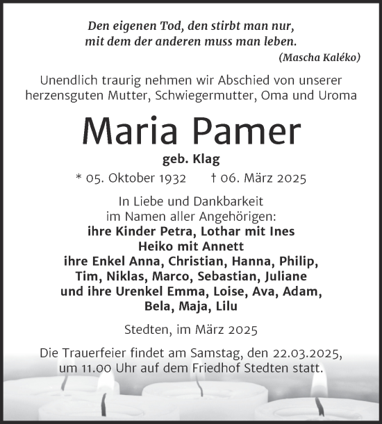 Traueranzeige von Maria Pamer von Trauerkombi Mansfelder Land