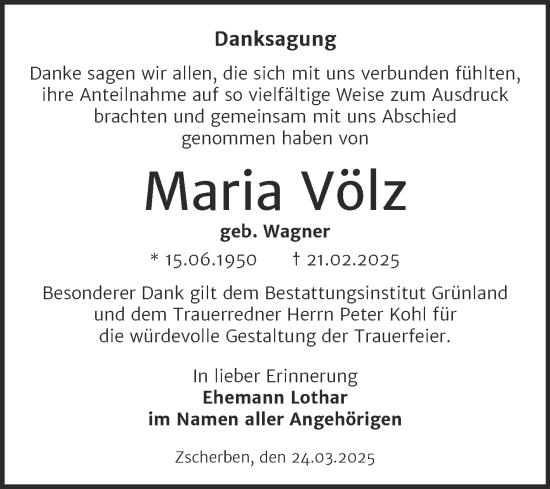 Traueranzeige von Maria Völz von Mitteldeutsche Zeitung Halle/Saalkreis