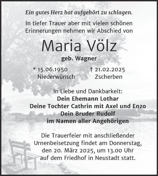 Traueranzeige von Maria Völz von Mitteldeutsche Zeitung Halle/Saalkreis