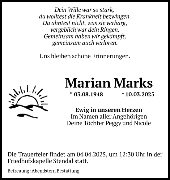 Traueranzeige von Marian Marks von Volksstimme Altmark Ost