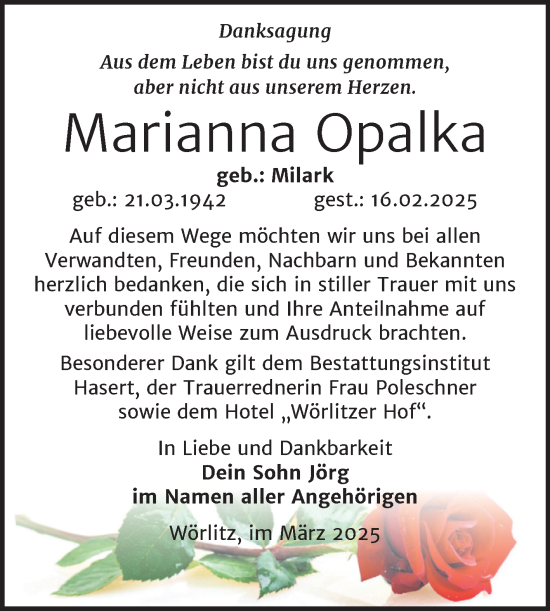 Traueranzeige von Marianna Opalka von Trauerkombi Wittenberg
