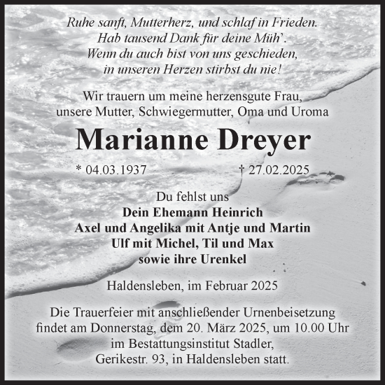 Traueranzeige von Marianne Dreyer von Volksstimme Haldensleben/Wolmirstedt