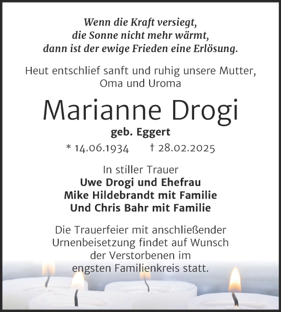 Traueranzeige von Marianne Drogi von Trauerkombi Mansfelder Land