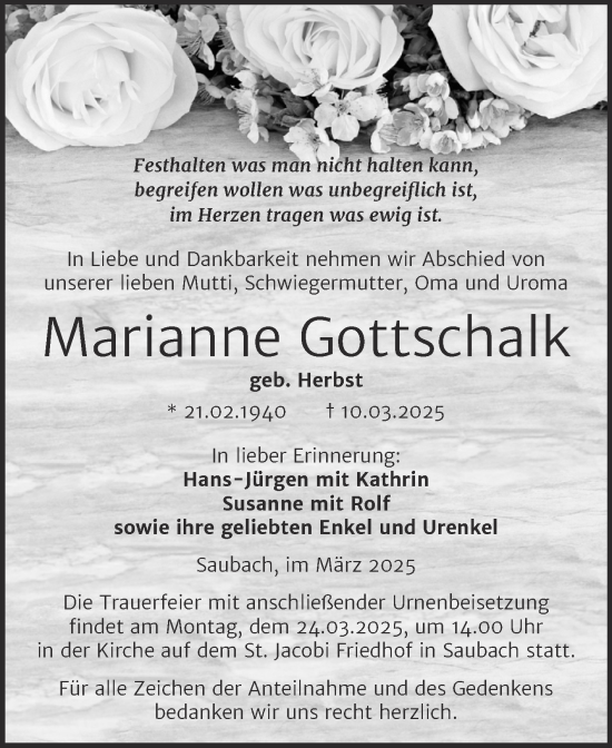 Traueranzeige von Marianne Gottschalk von Super Sonntag Naumburg/Nebra