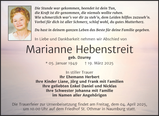 Traueranzeige von Marianne Hebenstreit von Naumburger Tageblatt
