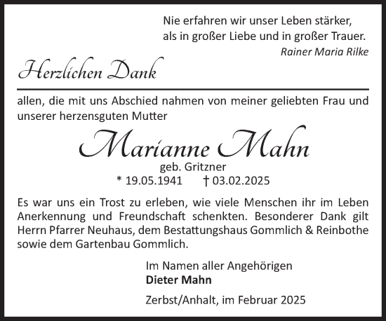 Traueranzeige von Marianne Mahn von Volksstimme Zerbst
