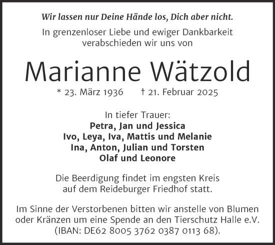 Traueranzeige von Marianne Wätzold von Mitteldeutsche Zeitung Halle/Saalkreis