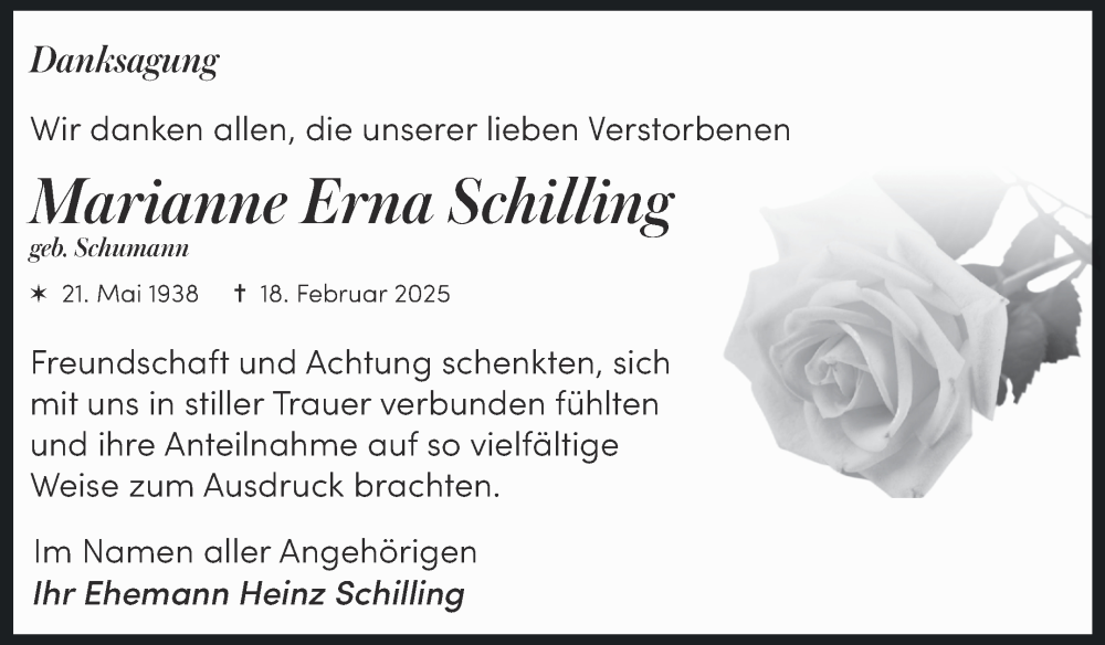  Traueranzeige für Marianne Erna Schilling vom 29.03.2025 aus Trauerkombi Quedlinburg