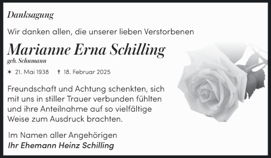 Traueranzeige von Marianne Erna Schilling von Trauerkombi Quedlinburg