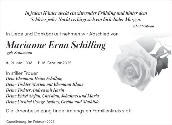 Traueranzeige von Marianne Erna Schilling von Trauerkombi Quedlinburg