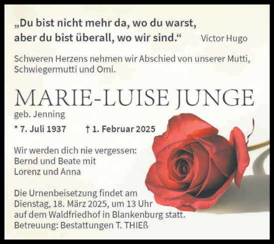 Traueranzeige von Marie-Luise Junge von Volksstimme Wernigerode