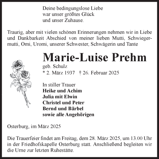 Traueranzeige von Marie-Luise Prehm von Volksstimme Altmark Ost